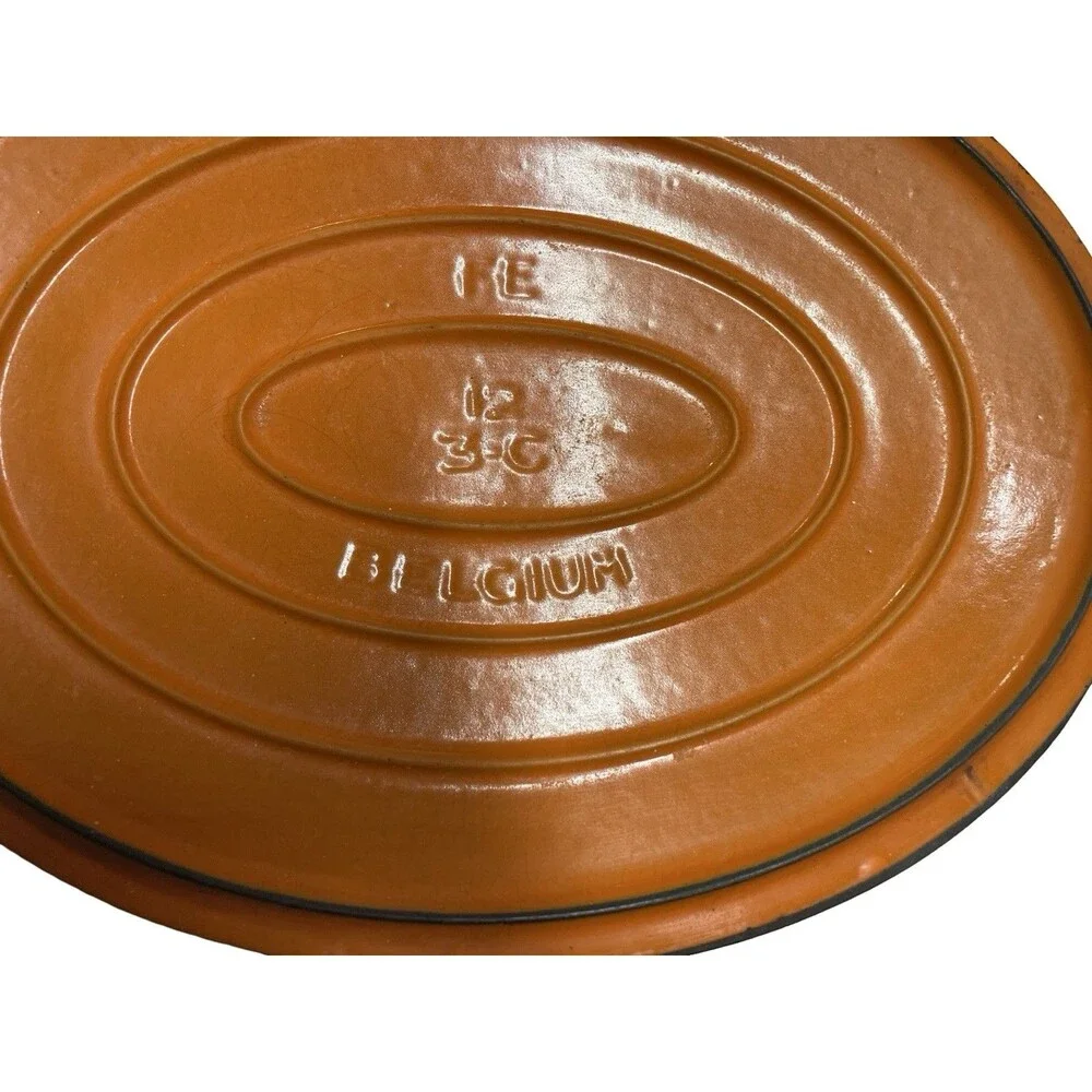 Vintage Flame Orange  Dutch Oven 4 Quart Enamel Cast Iron Oval Belgium MCM